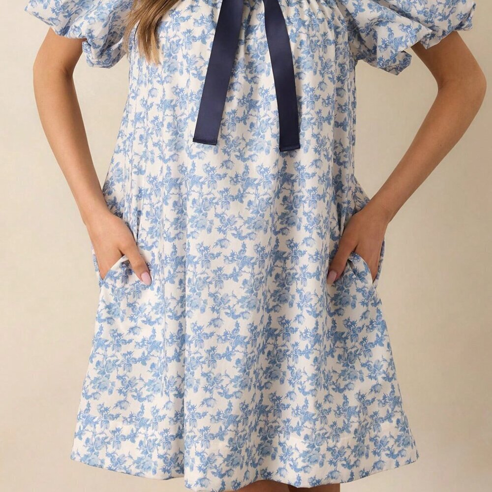 Blue Cute Women's Casual Floral Mini Dress - Picture 4 of 5
